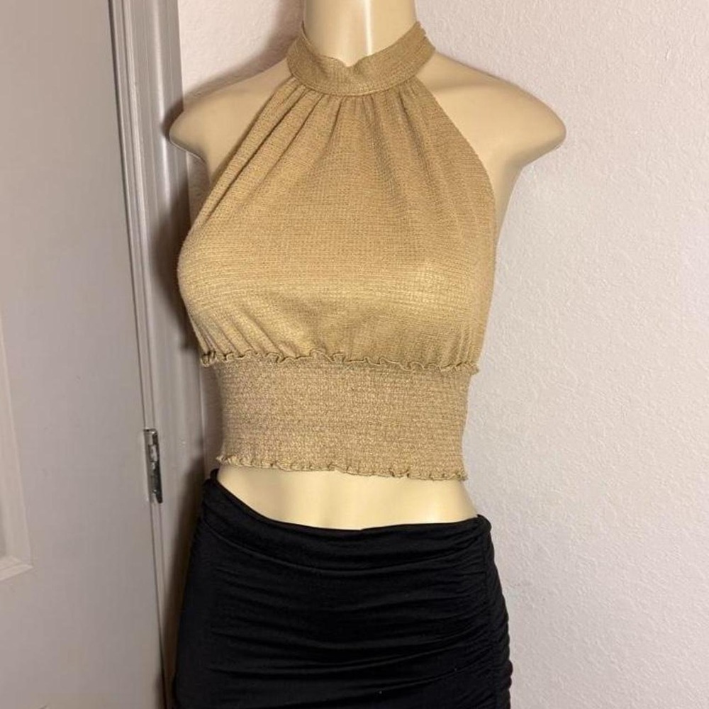 Free People Tan halter crop top with ruffled hem